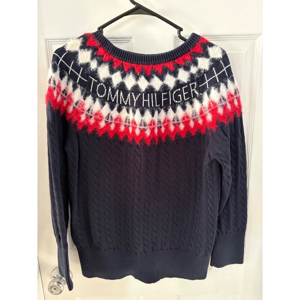 Tommy Hilfiger Mens XL Cable Knit Sweater Navy Blue Red White‎ Fair Isle Logo